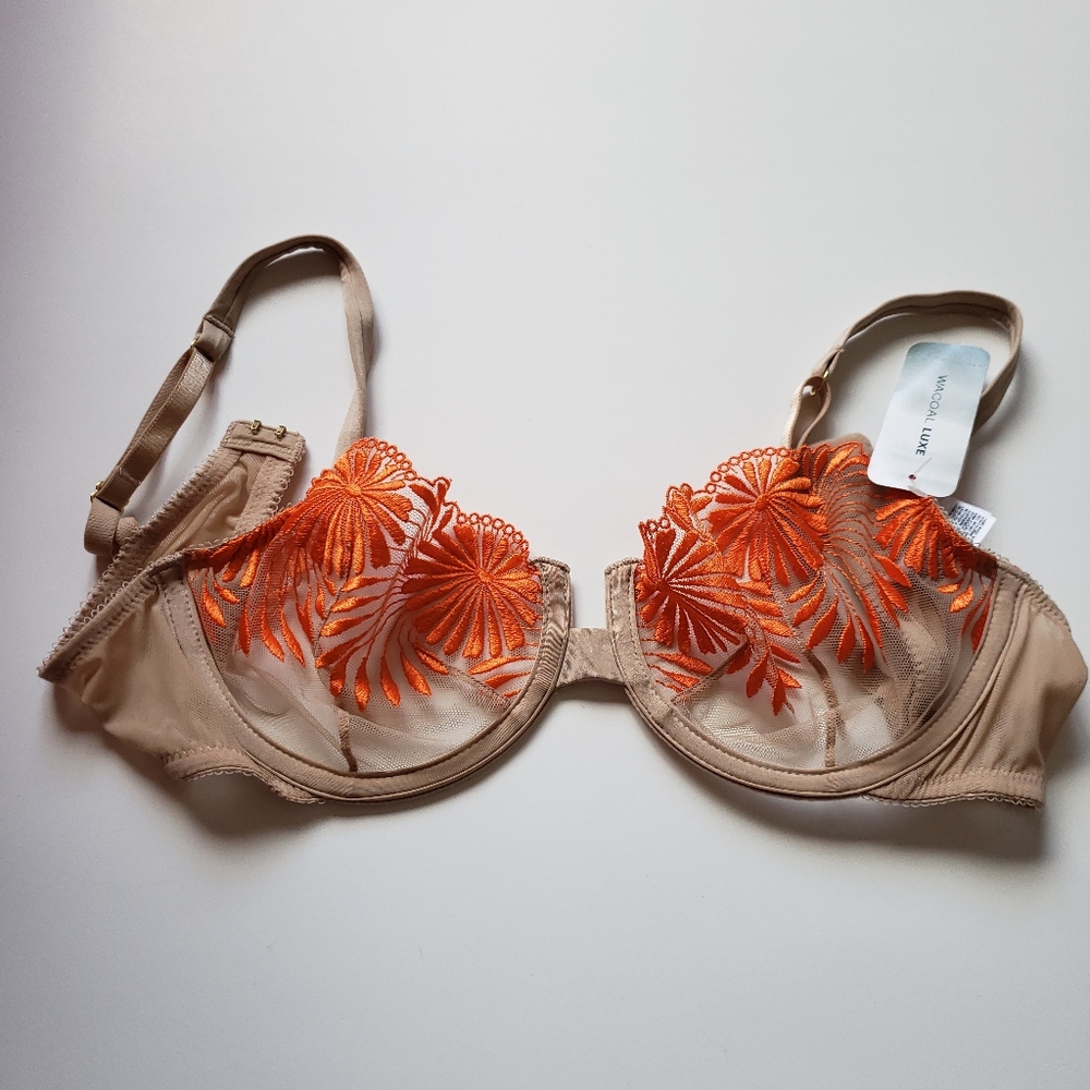 WACOAL LUXE Bra Size 34C Orange and Nude Lace See Through Sexy NWT